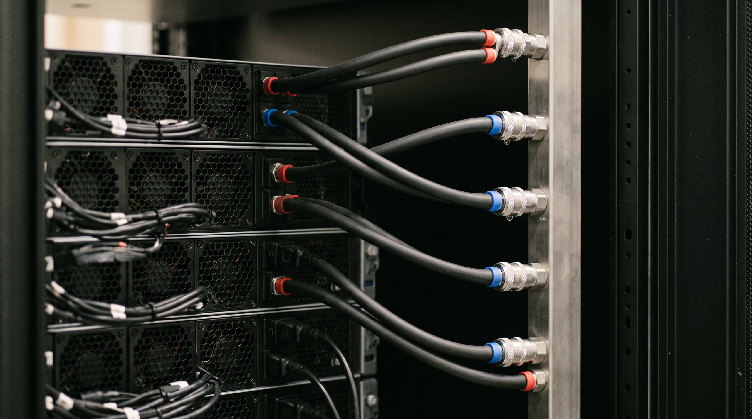 The back of a liquid-cooled rack: coolant hoses with red and blue couplings running to a steel manifold.