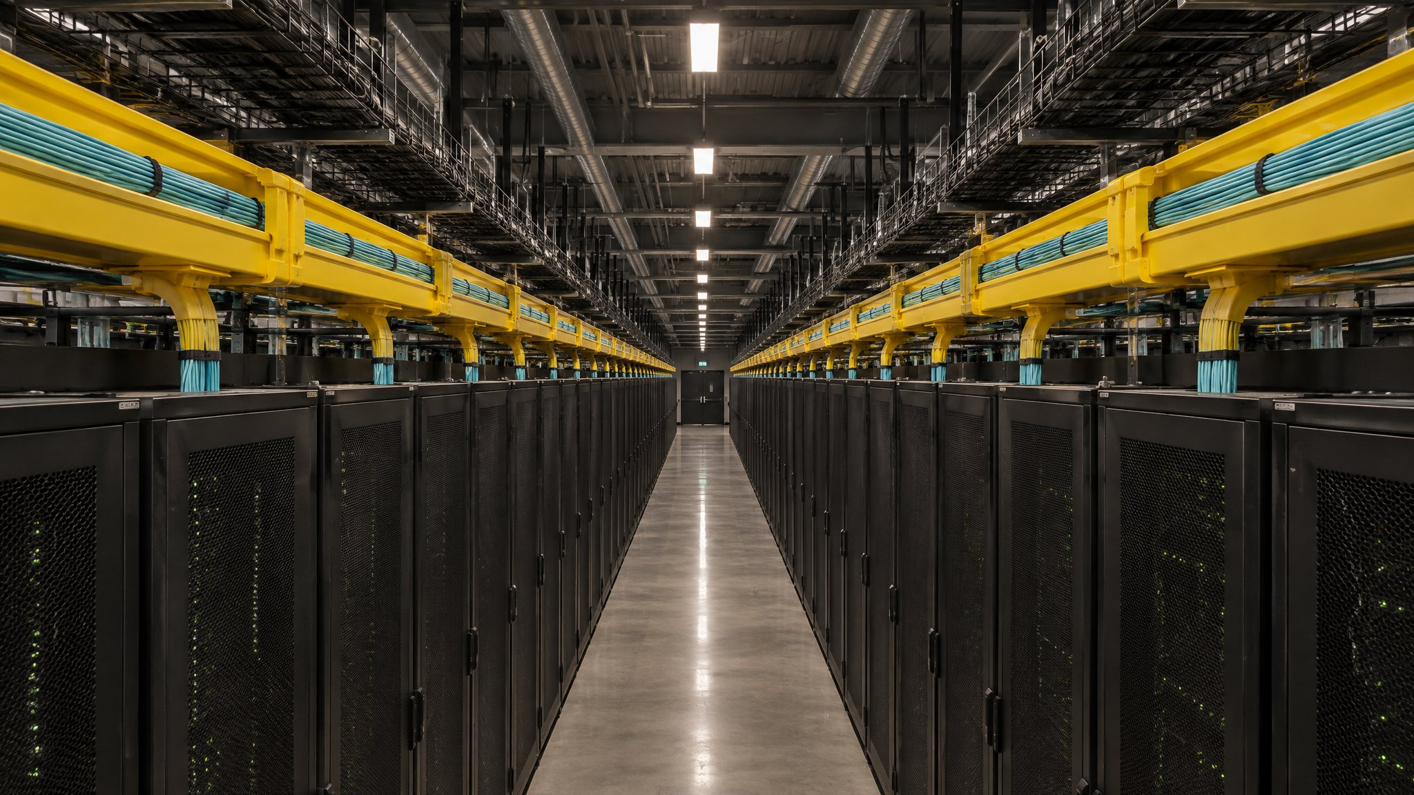 A long datacenter hall: rows of black racks under yellow cable trays, running to a door at the far end.