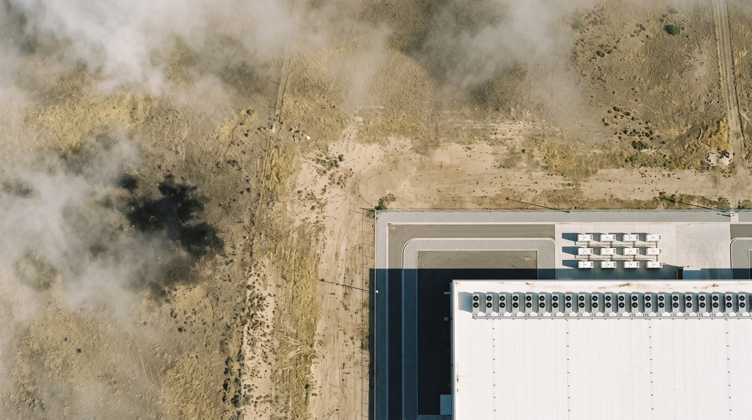 A datacenter seen from directly above, rows of rooftop cooling units at the edge of open desert under drifting cloud.